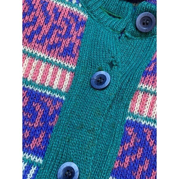 Vintage 80s/90s Pure Wool Cardigan Sweater With Stripe & Tribal Pattern Button-U - Picture 4 of 10